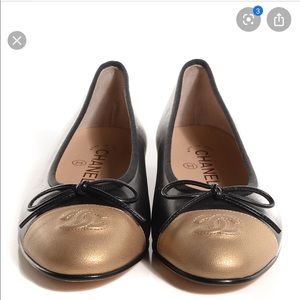 Chanel Black Gold Cap Ballet Flats